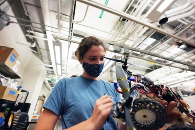 Heather Wotton works on a prototype for the NASA-sponsored Robotic Aerial Vehicle Fabricator Undergraduate Team.
